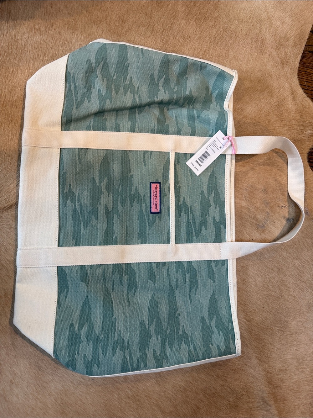 Vineyard Vines Green Camo Canvas Tote with Cream Straps